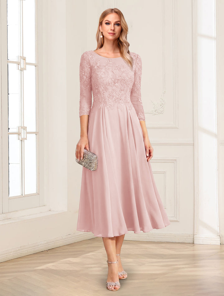 A-Line/Princess Scoop 3/4 Sleeves Tea-Length Mother of the Bride Dresses with Applique &amp; Lace