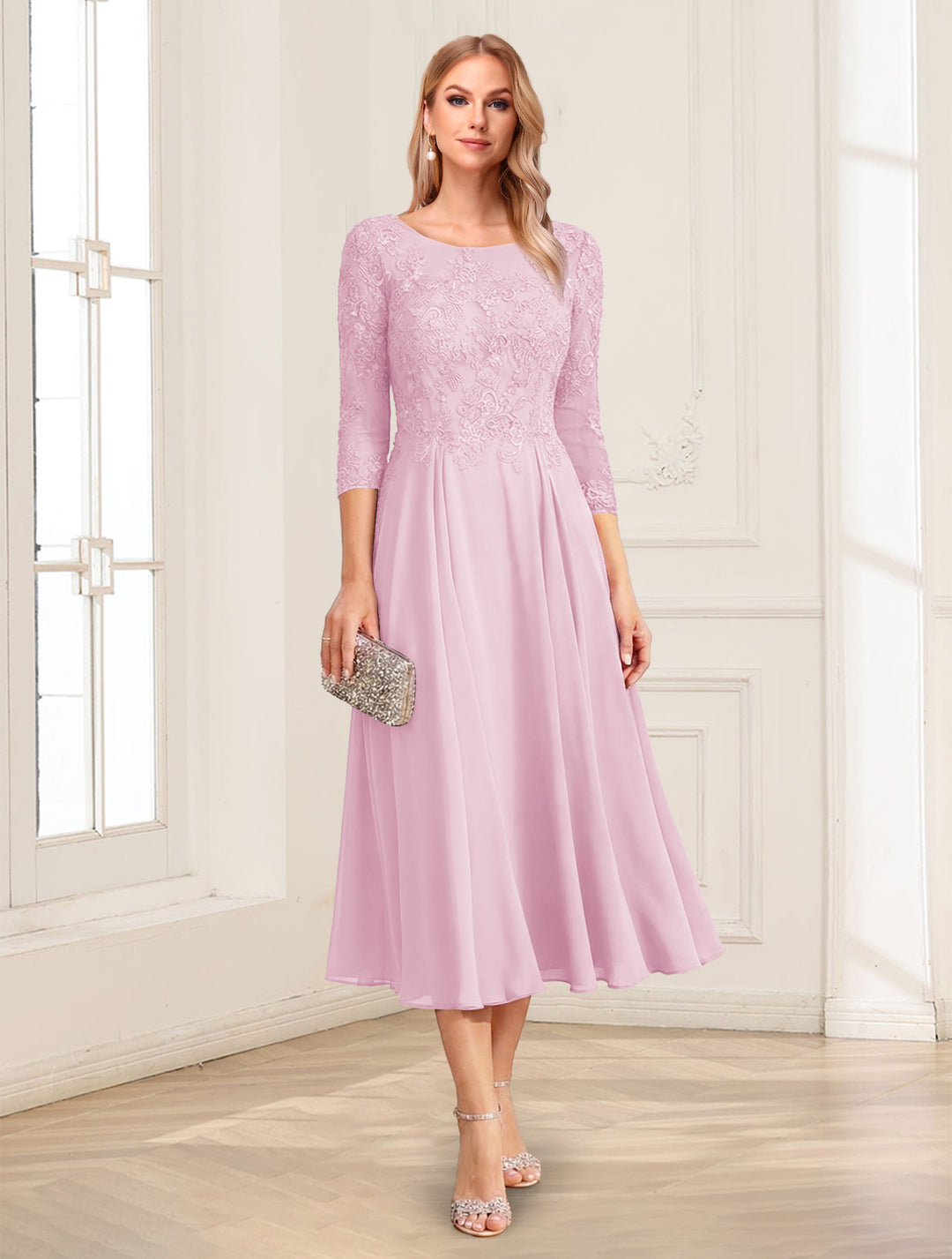 A-Line/Princess Scoop 3/4 Sleeves Tea-Length Mother of the Bride Dresses with Applique &amp; Lace