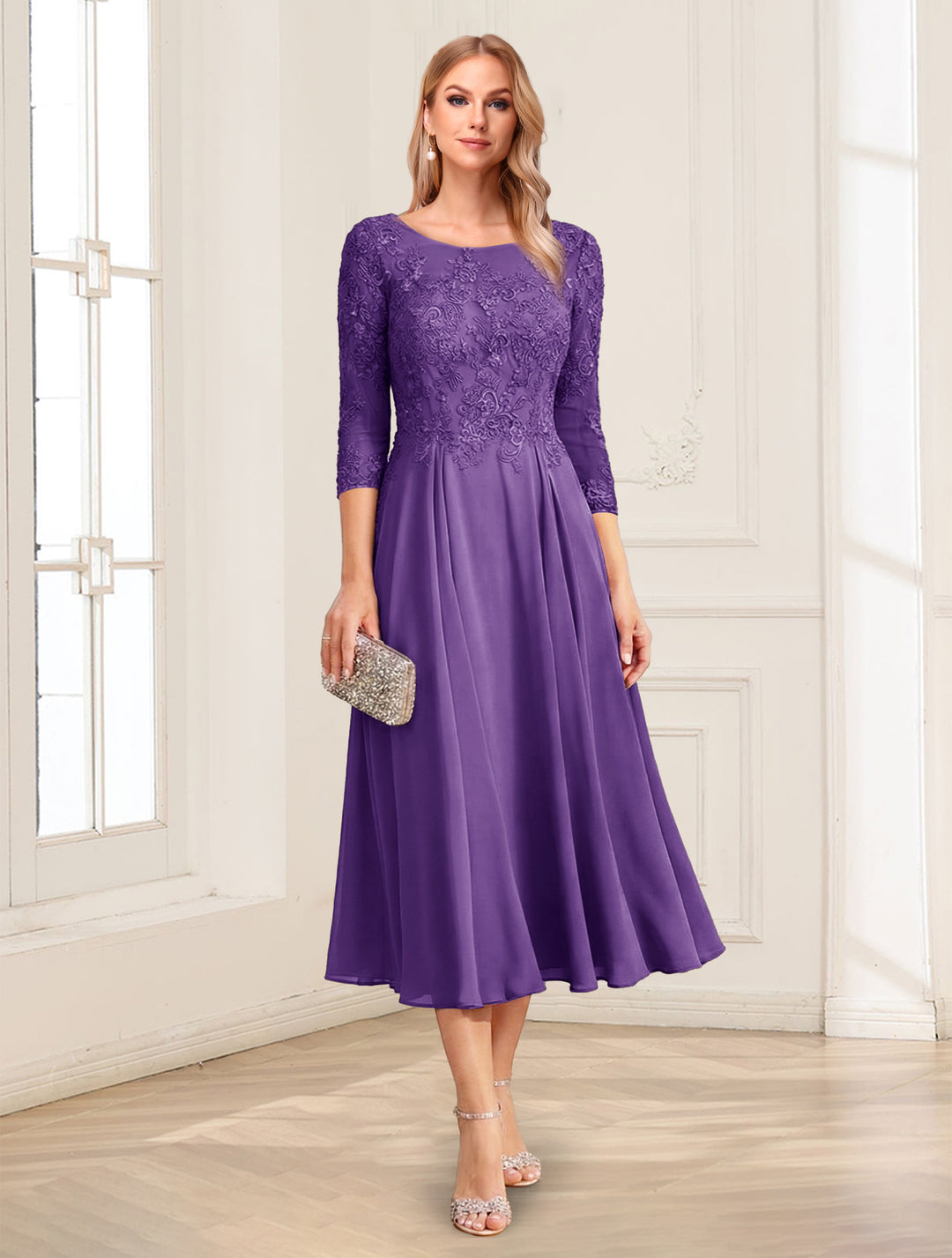 Lavetir Light Royal Blue A-Line/Princess Scoop 3/4 Sleeves Tea-Length Mother of the Bride Dresses with Applique & Lace 2026