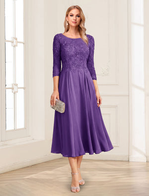 A-Line/Princess Scoop 3/4 Sleeves Tea-Length Mother of the Bride Dresses with Applique & Lace