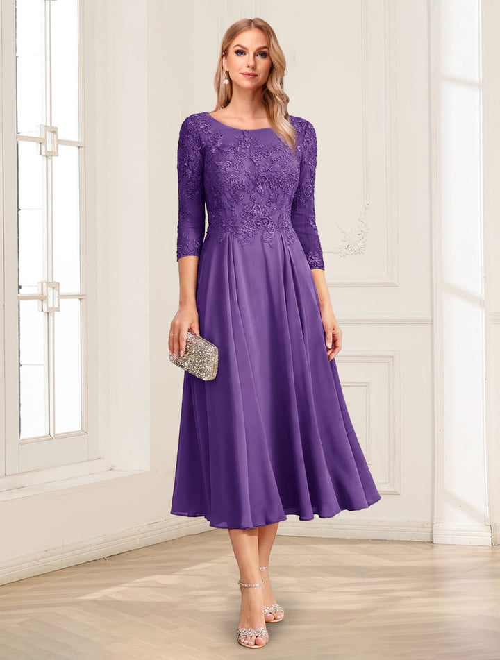 A-Line/Princess Scoop 3/4 Sleeves Tea-Length Mother of the Bride Dresses with Applique &amp; Lace