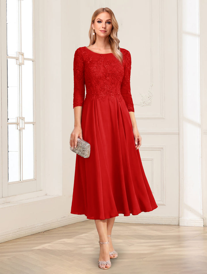 A-Line/Princess Scoop 3/4 Sleeves Tea-Length Mother of the Bride Dresses with Applique &amp; Lace
