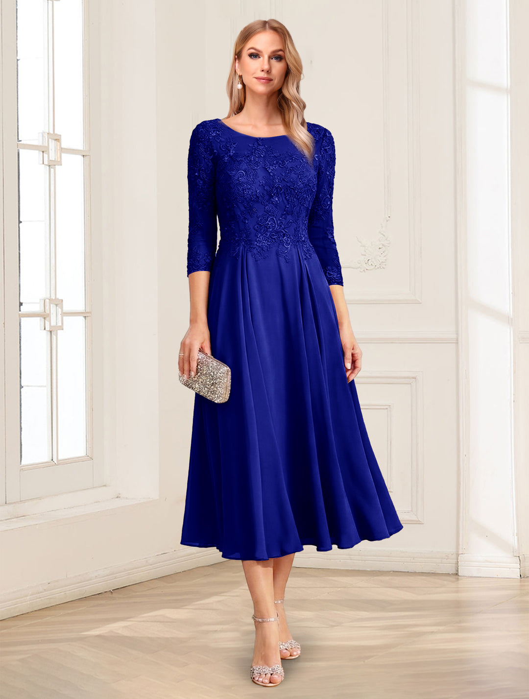 A-Line/Princess Scoop 3/4 Sleeves Tea-Length Mother of the Bride Dresses with Applique &amp; Lace