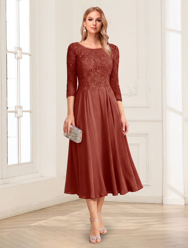 A-Line/Princess Scoop 3/4 Sleeves Tea-Length Mother of the Bride Dresses with Applique & Lace