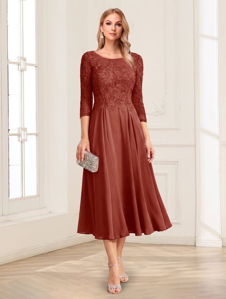 A-Line/Princess Scoop 3/4 Sleeves Tea-Length Mother of the Bride Dresses with Applique &amp; Lace