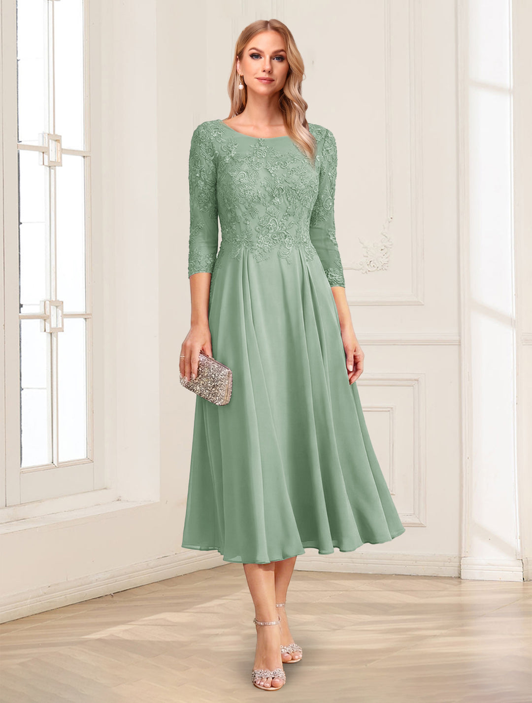 A-Line/Princess Scoop 3/4 Sleeves Tea-Length Mother of the Bride Dresses with Applique &amp; Lace
