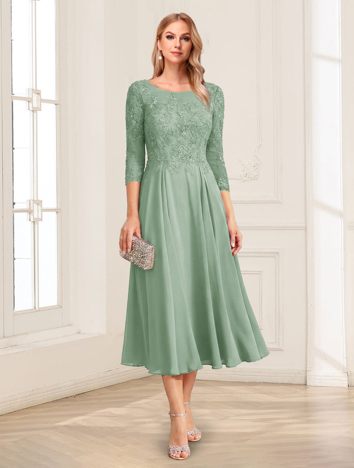 A-Line/Princess Scoop 3/4 Sleeves Tea-Length Mother of the Bride Dresses with Applique &amp; Lace