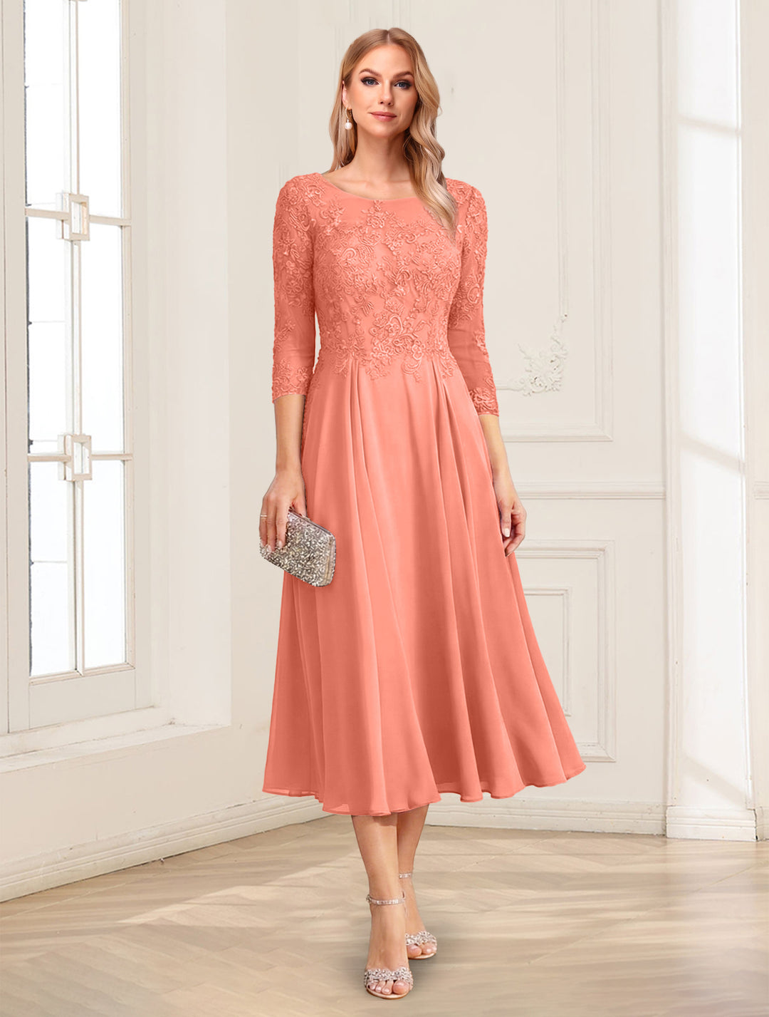 A-Line/Princess Scoop 3/4 Sleeves Tea-Length Mother of the Bride Dresses with Applique &amp; Lace