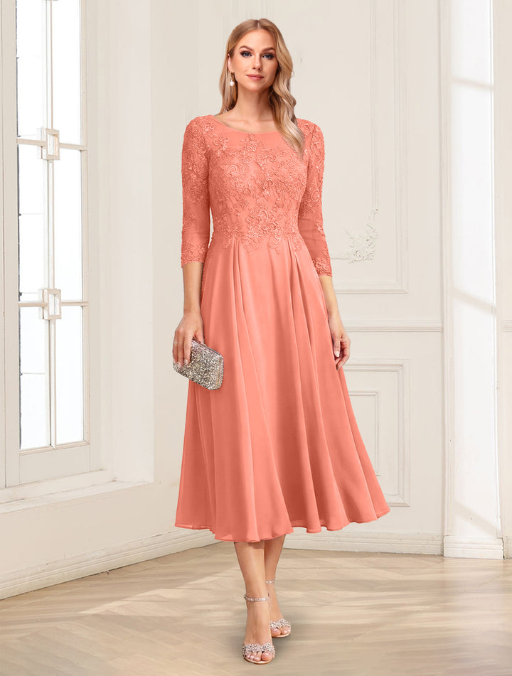 A-Line/Princess Scoop 3/4 Sleeves Tea-Length Mother of the Bride Dresses with Applique &amp; Lace