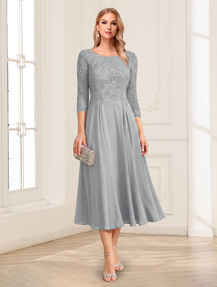 A-Line/Princess Scoop 3/4 Sleeves Tea-Length Mother of the Bride Dresses with Applique &amp; Lace
