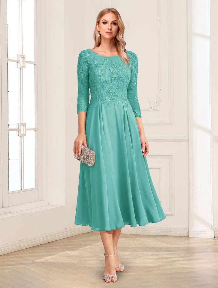 A-Line/Princess Scoop 3/4 Sleeves Tea-Length Mother of the Bride Dresses with Applique &amp; Lace