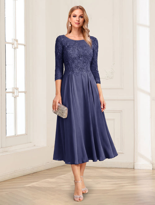 A-Line/Princess Scoop 3/4 Sleeves Tea-Length Mother of the Bride Dresses with Applique & Lace