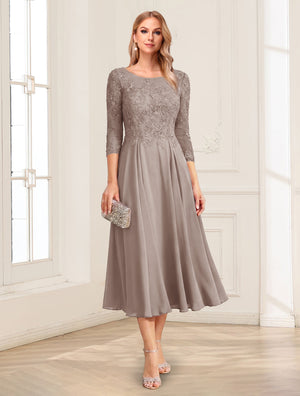 A-Line/Princess Scoop 3/4 Sleeves Tea-Length Mother of the Bride Dresses with Applique & Lace