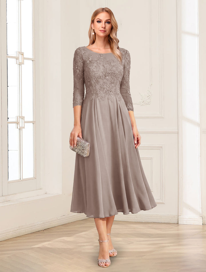A-Line/Princess Scoop 3/4 Sleeves Tea-Length Mother of the Bride Dresses with Applique &amp; Lace