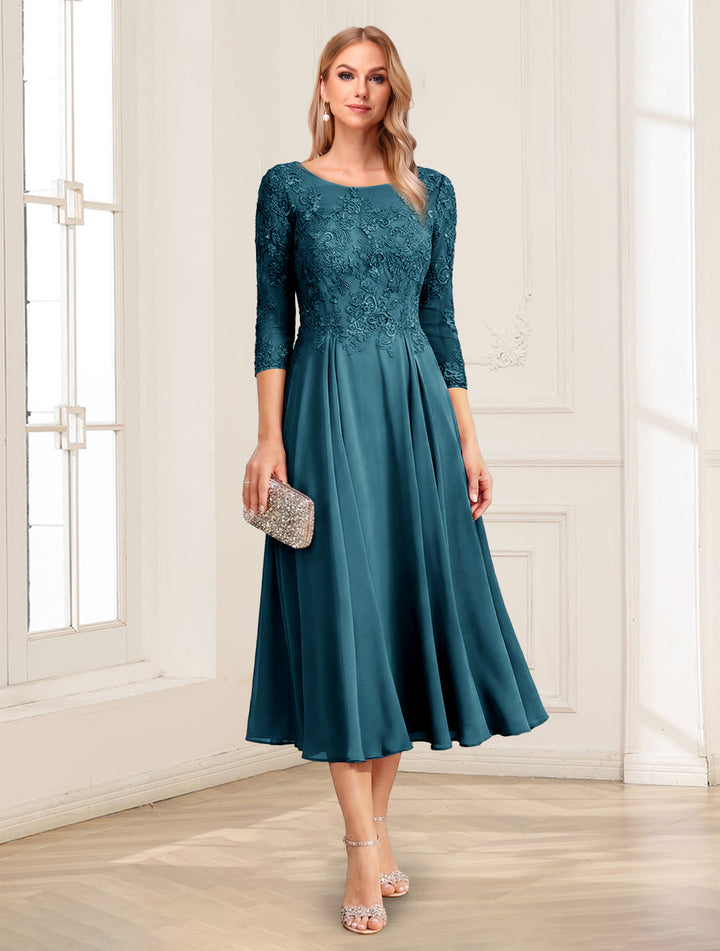 A-Line/Princess Scoop 3/4 Sleeves Tea-Length Mother of the Bride Dresses with Applique &amp; Lace