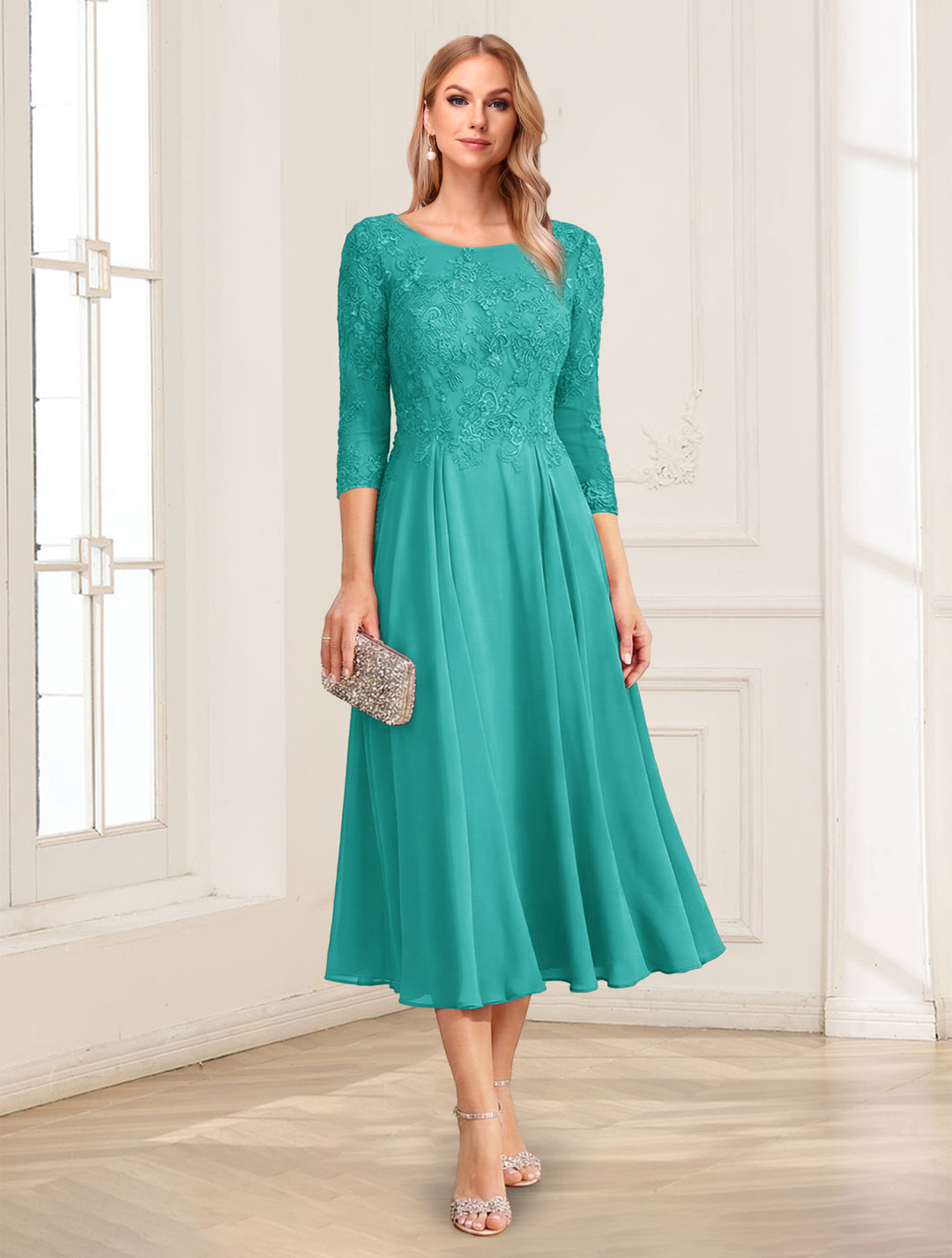 A-Line/Princess Scoop 3/4 Sleeves Tea-Length Mother of the Bride Dresses with Applique &amp; Lace