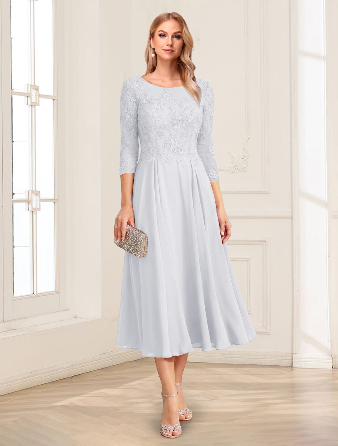 A-Line/Princess Scoop 3/4 Sleeves Tea-Length Mother of the Bride Dresses with Applique &amp; Lace