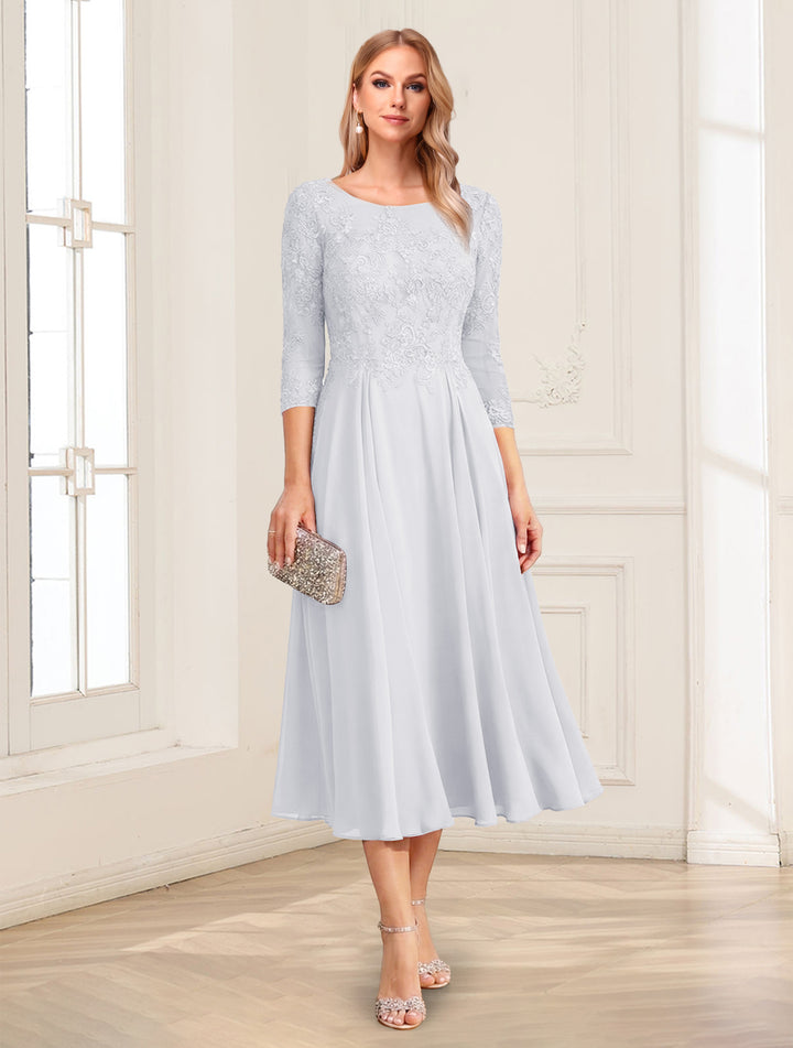 A-Line/Princess Scoop 3/4 Sleeves Tea-Length Mother of the Bride Dresses with Applique &amp; Lace