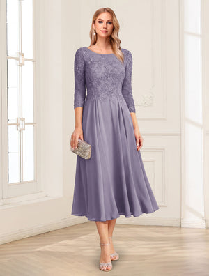 A-Line/Princess Scoop 3/4 Sleeves Tea-Length Mother of the Bride Dresses with Applique & Lace