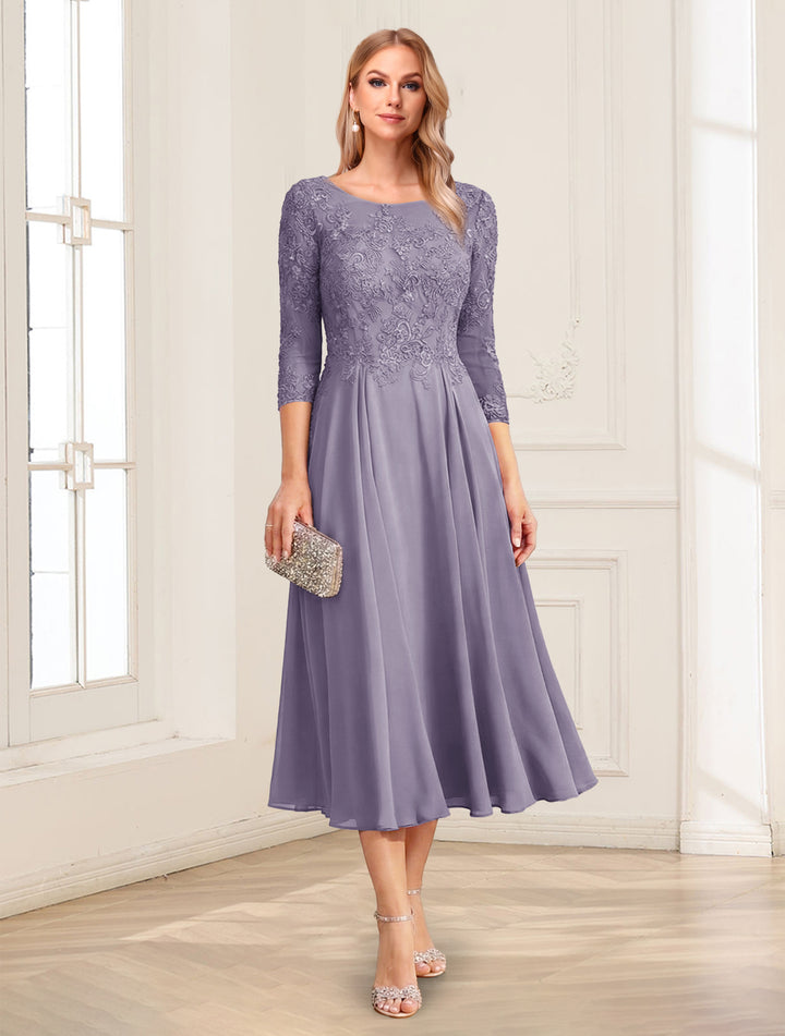 A-Line/Princess Scoop 3/4 Sleeves Tea-Length Mother of the Bride Dresses with Applique &amp; Lace