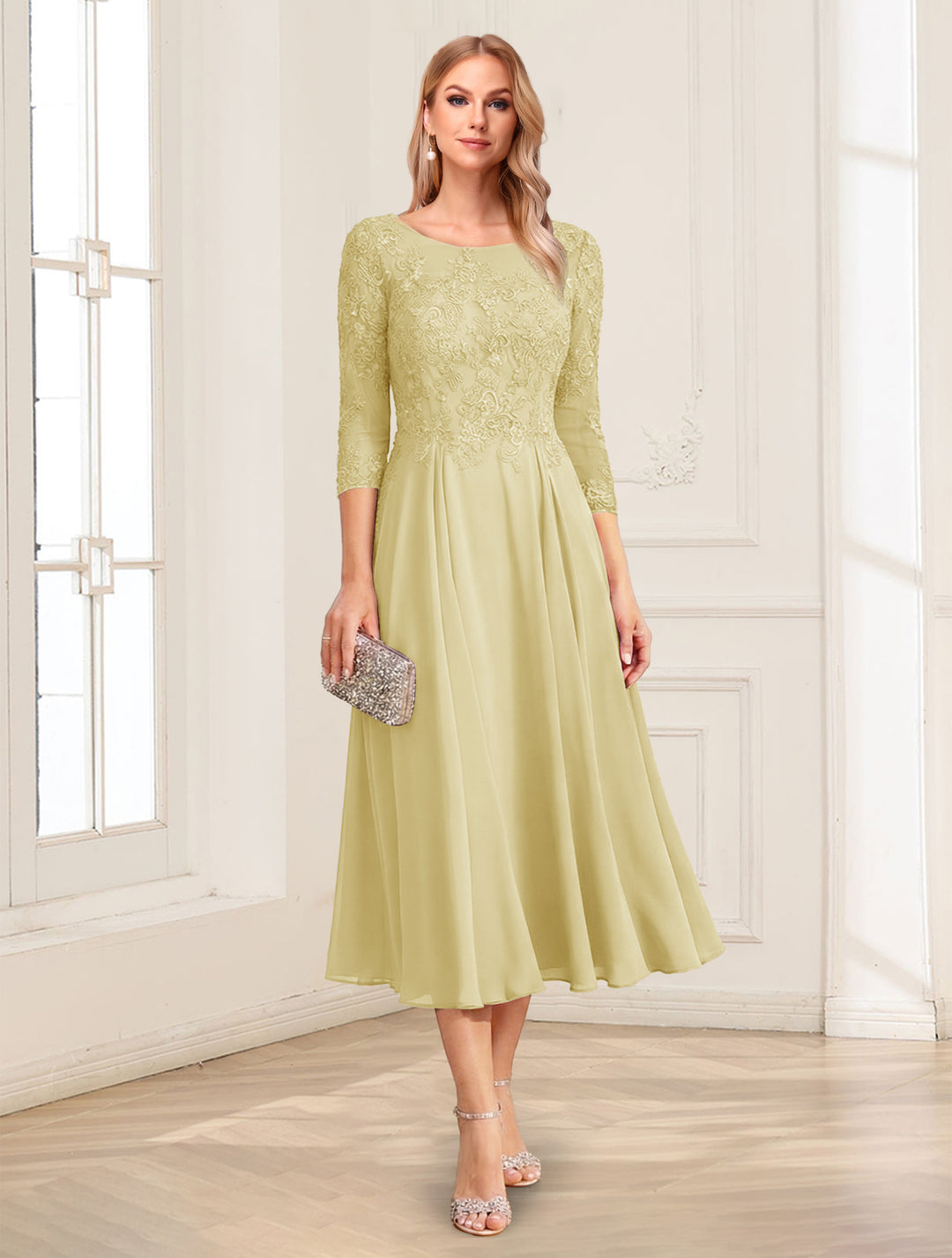 A-Line/Princess Scoop 3/4 Sleeves Tea-Length Mother of the Bride Dresses with Applique &amp; Lace
