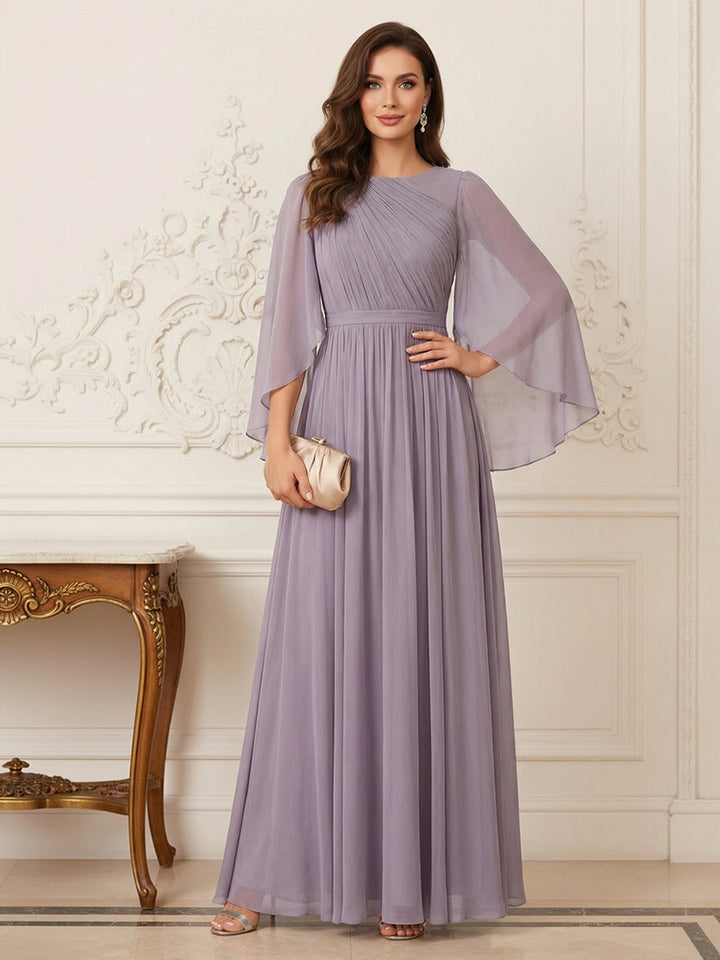 A-Line/Princess Scoop Half Sleeves Floor-Length Mother of the Bride Dresses with Ruffles