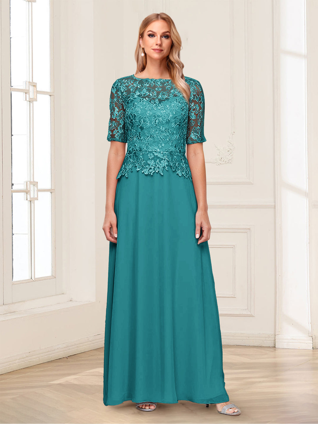 A-Line/Princess Scoop Half Sleeves Floor-Length Mother of the Bride Dresses with Applique &amp; Lace