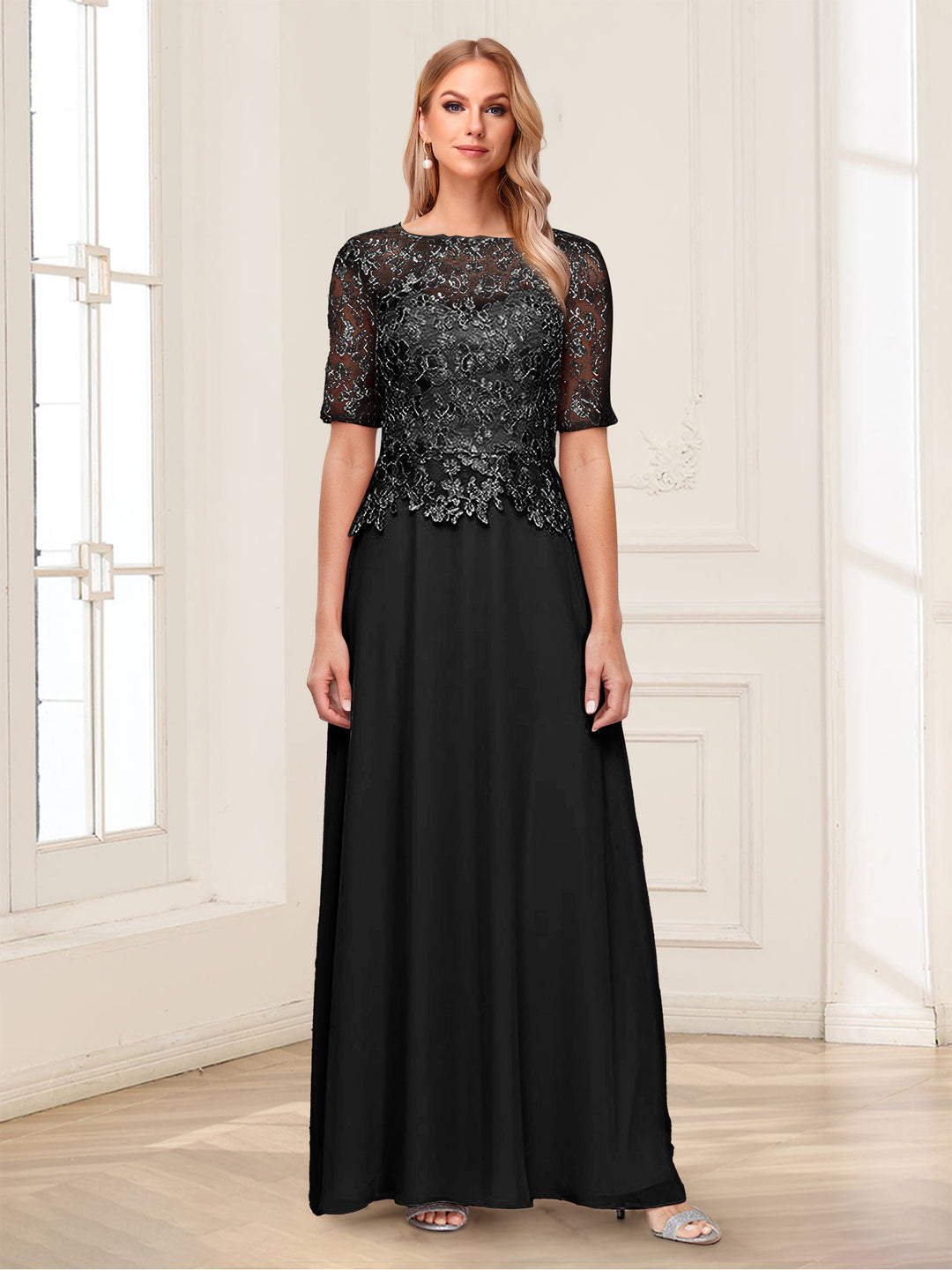 A-Line/Princess Scoop Half Sleeves Floor-Length Mother of the Bride Dresses with Applique &amp; Lace