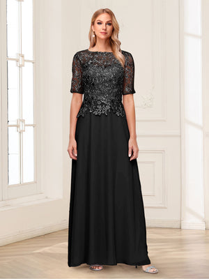 A-Line/Princess Scoop Half Sleeves Floor-Length Mother of the Bride Dresses with Applique & Lace