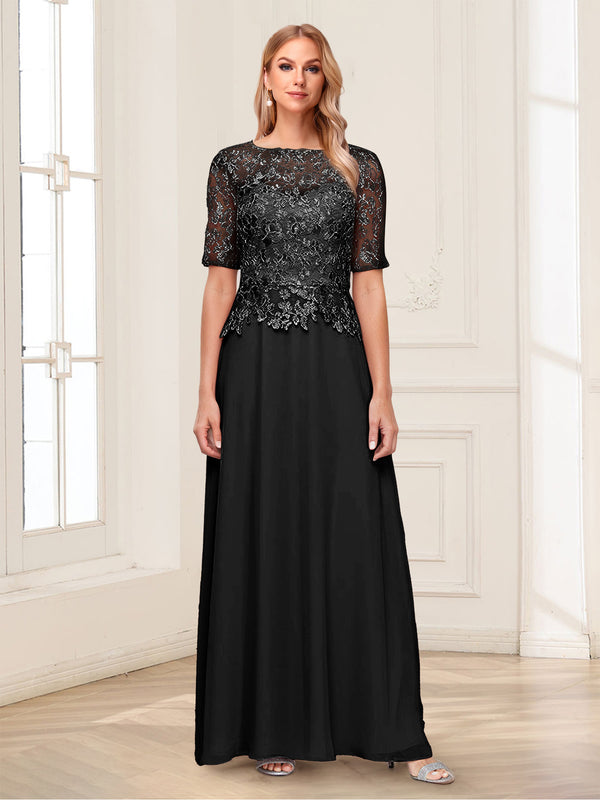 A-Line/Princess Scoop Half Sleeves Floor-Length Mother of the Bride Dresses with Applique & Lace