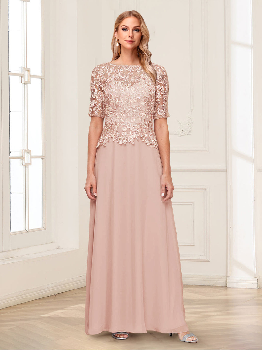 A-Line/Princess Scoop Half Sleeves Floor-Length Mother of the Bride Dresses with Applique &amp; Lace