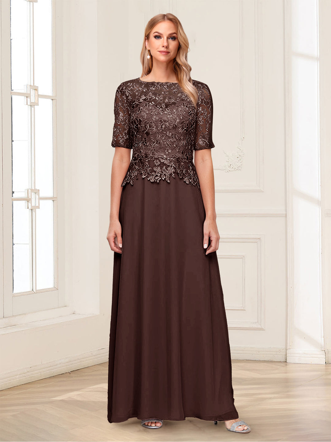 A-Line/Princess Scoop Half Sleeves Floor-Length Mother of the Bride Dresses with Applique &amp; Lace