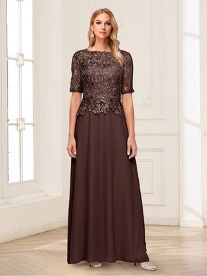 A-Line/Princess Scoop Half Sleeves Floor-Length Mother of the Bride Dresses with Applique & Lace