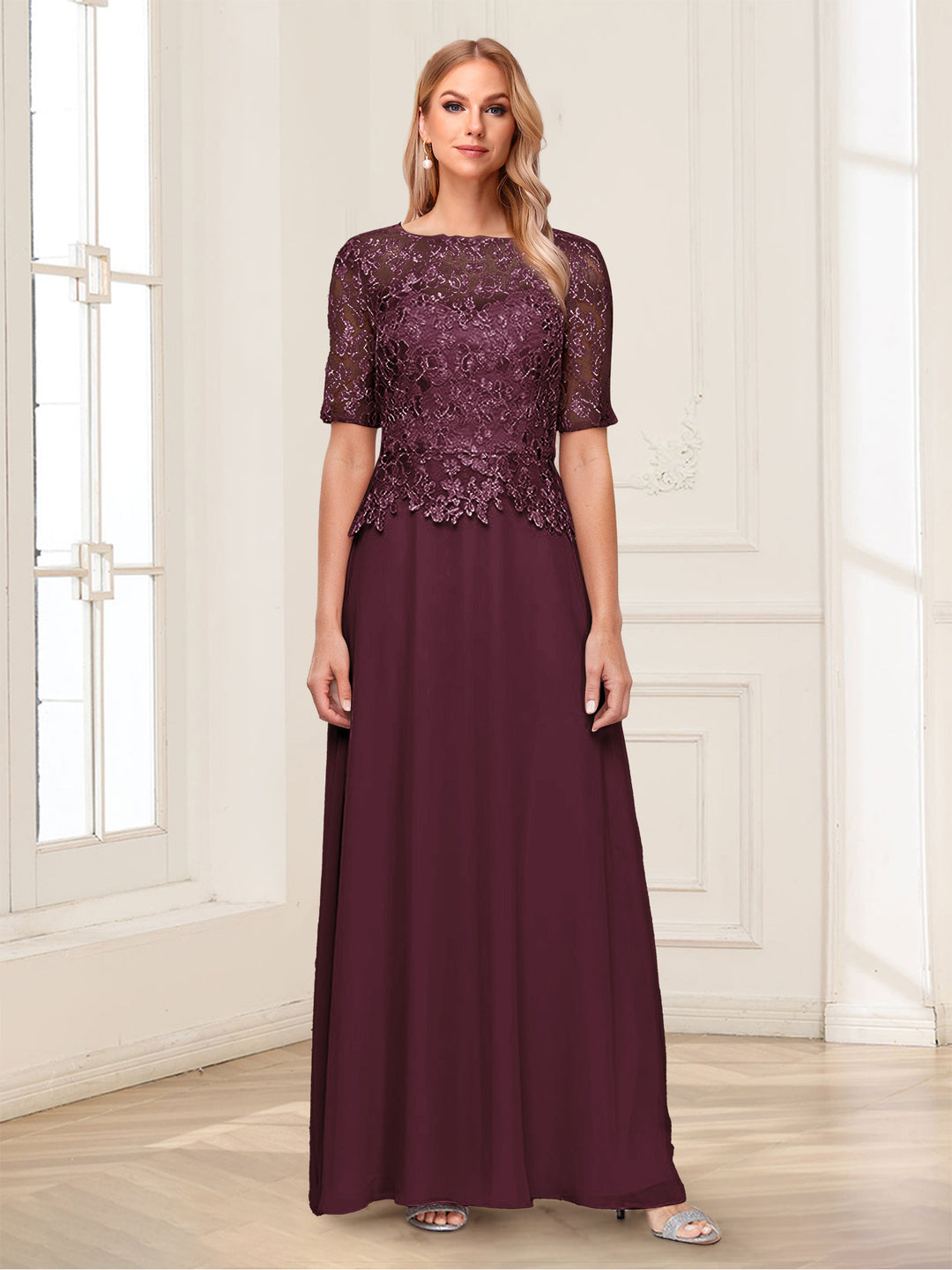 A-Line/Princess Scoop Half Sleeves Floor-Length Mother of the Bride Dresses with Applique &amp; Lace