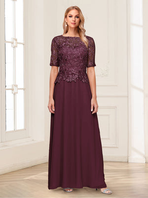 A-Line/Princess Scoop Half Sleeves Floor-Length Mother of the Bride Dresses with Applique & Lace