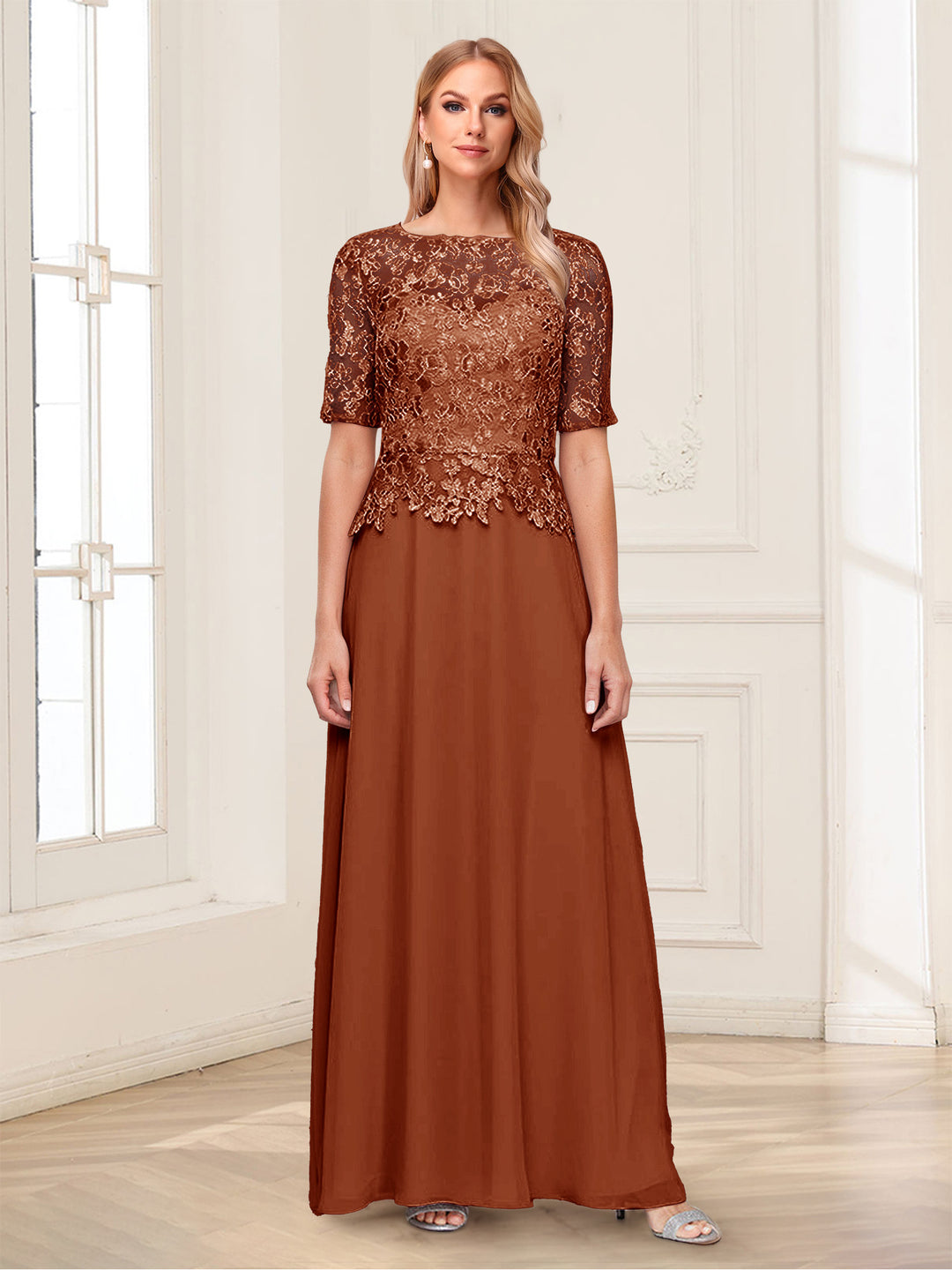 A-Line/Princess Scoop Half Sleeves Floor-Length Mother of the Bride Dresses with Applique &amp; Lace