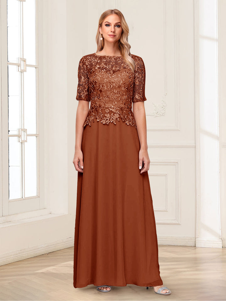 A-Line/Princess Scoop Half Sleeves Floor-Length Mother of the Bride Dresses with Applique &amp; Lace