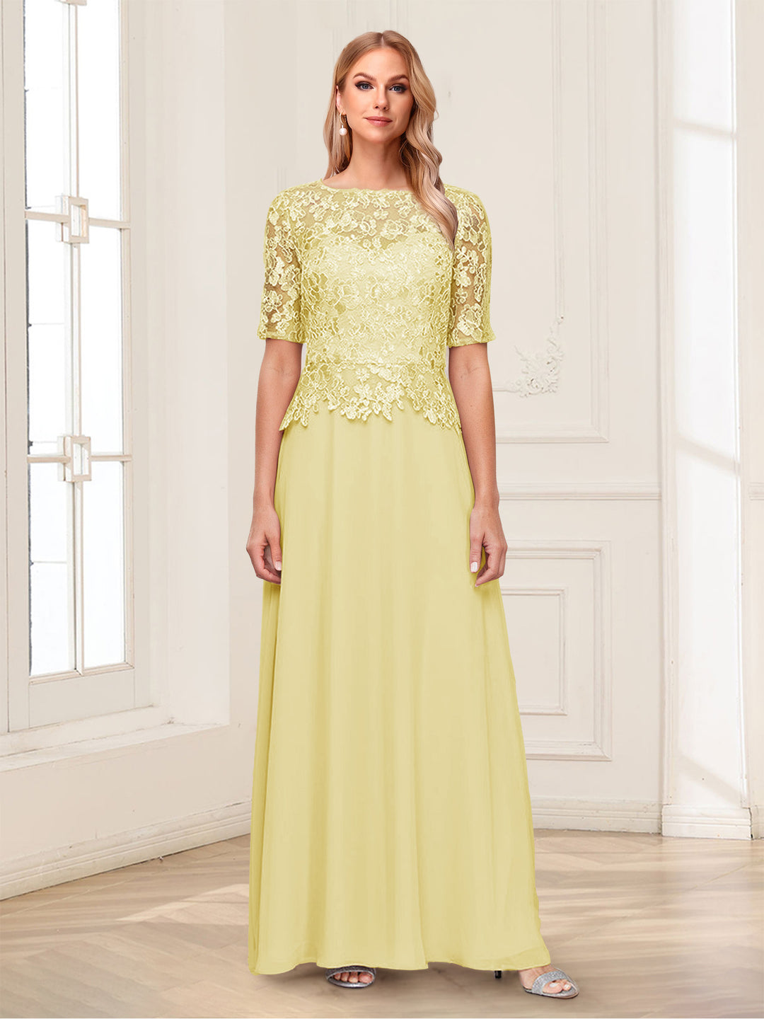 A-Line/Princess Scoop Half Sleeves Floor-Length Mother of the Bride Dresses with Applique &amp; Lace