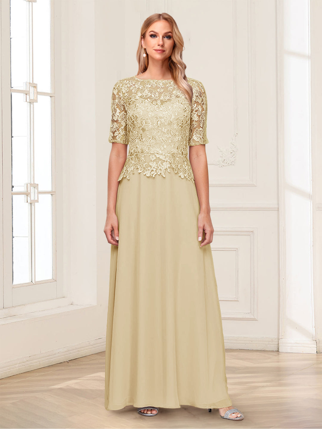 A-Line/Princess Scoop Half Sleeves Floor-Length Mother of the Bride Dresses with Applique &amp; Lace