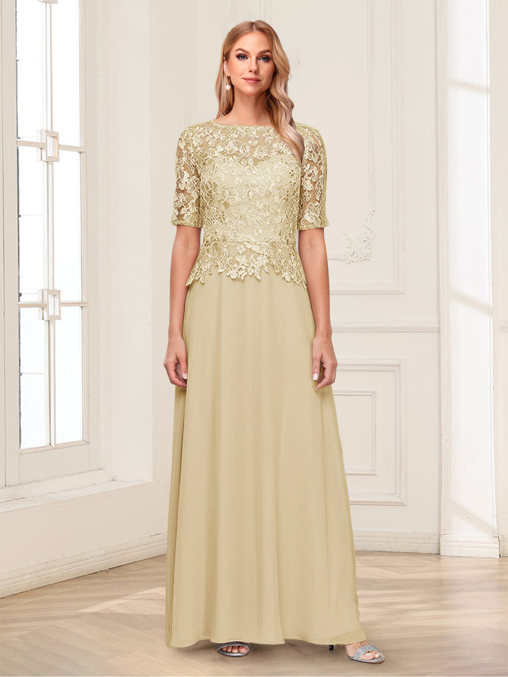 A-Line/Princess Scoop Half Sleeves Floor-Length Mother of the Bride Dresses with Applique &amp; Lace