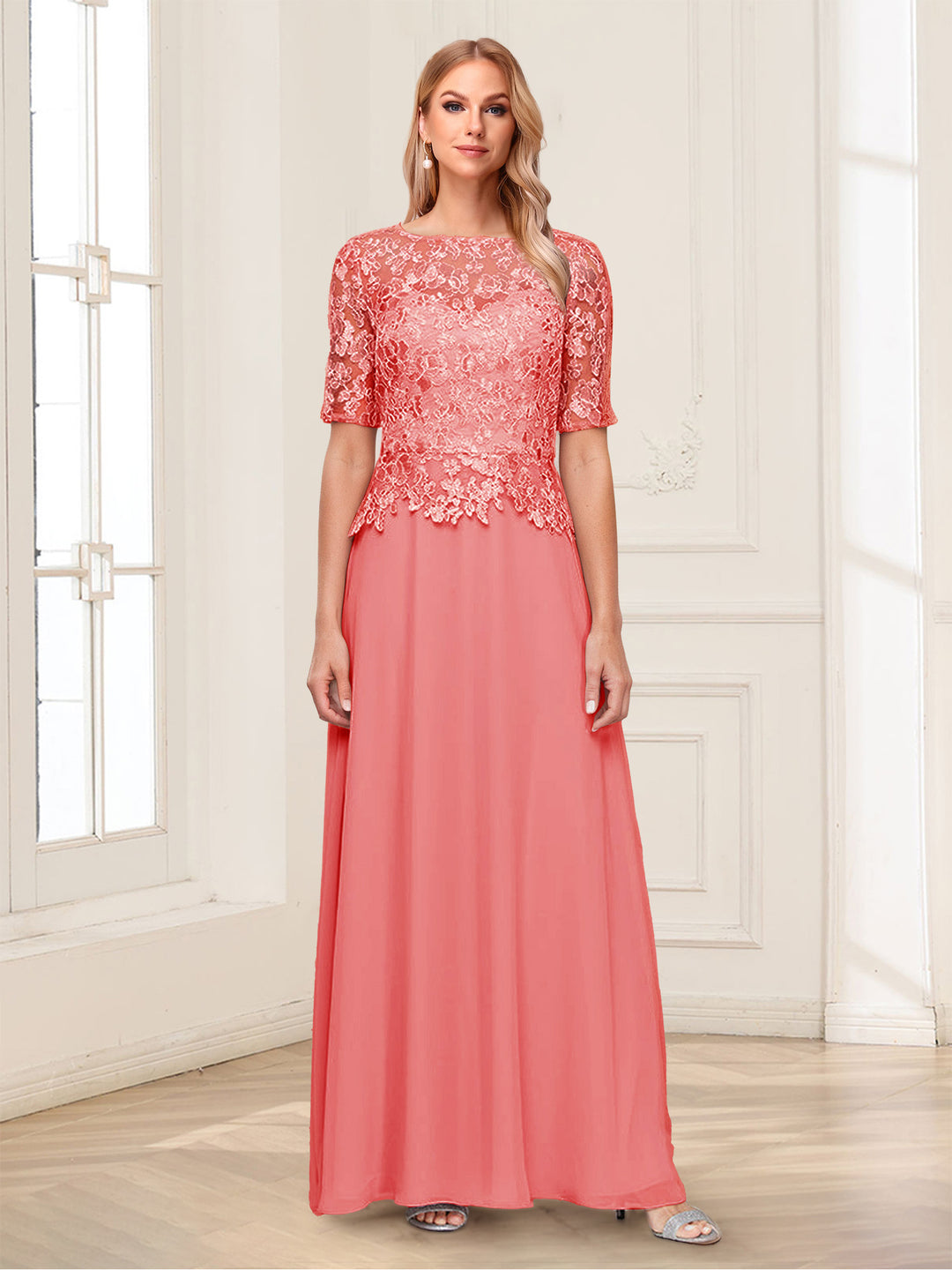 A-Line/Princess Scoop Half Sleeves Floor-Length Mother of the Bride Dresses with Applique &amp; Lace