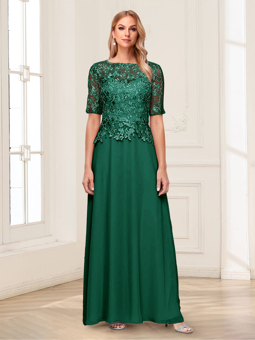 A-Line/Princess Scoop Half Sleeves Floor-Length Mother of the Bride Dresses with Applique &amp; Lace