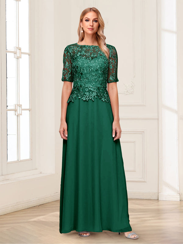 A-Line/Princess Scoop Half Sleeves Floor-Length Mother of the Bride Dresses with Applique & Lace