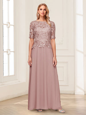 A-Line/Princess Scoop Half Sleeves Floor-Length Mother of the Bride Dresses with Applique & Lace