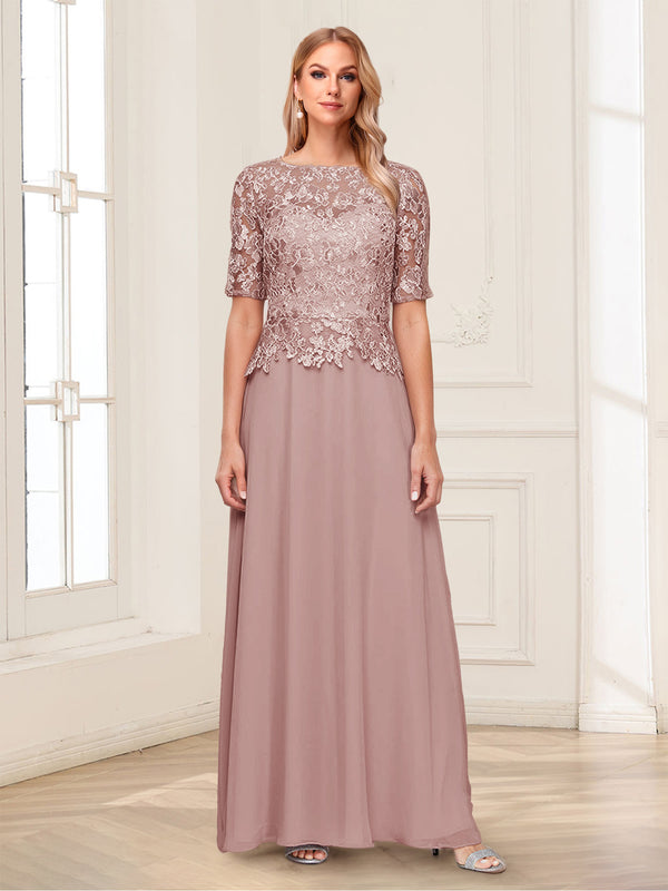 A-Line/Princess Scoop Half Sleeves Floor-Length Mother of the Bride Dresses with Applique & Lace