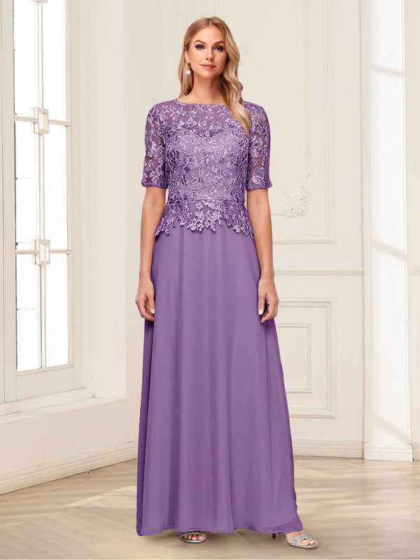A-Line/Princess Scoop Half Sleeves Floor-Length Mother of the Bride Dresses with Applique & Lace