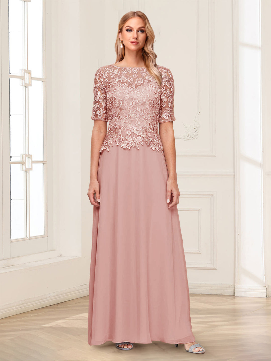 A-Line/Princess Scoop Half Sleeves Floor-Length Mother of the Bride Dresses with Applique &amp; Lace