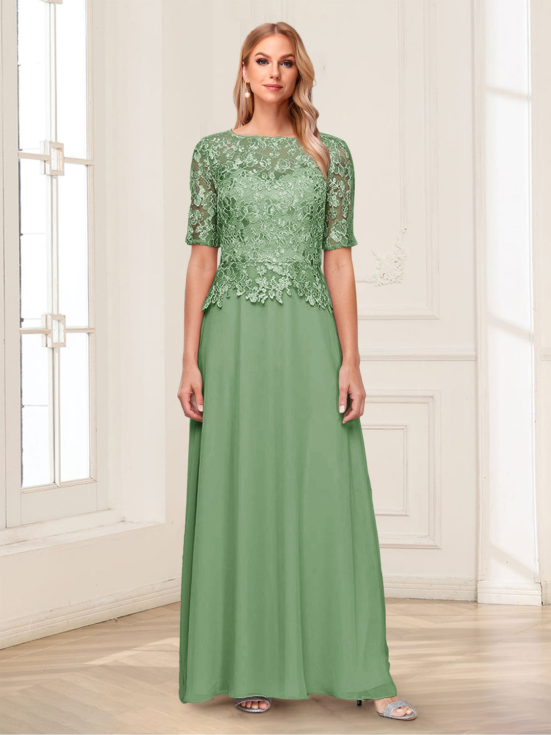 A-Line/Princess Scoop Half Sleeves Floor-Length Mother of the Bride Dresses with Applique &amp; Lace