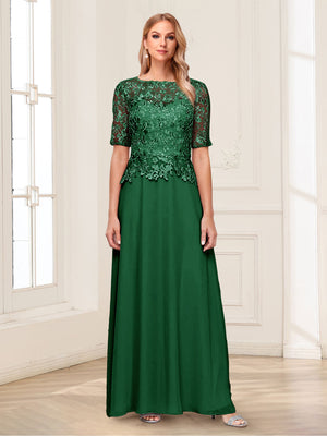 A-Line/Princess Scoop Half Sleeves Floor-Length Mother of the Bride Dresses with Applique & Lace
