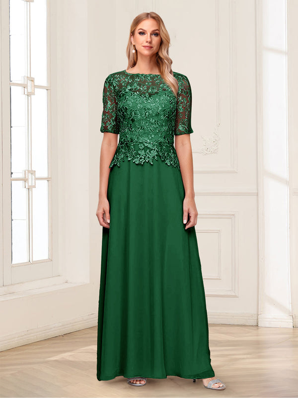 A-Line/Princess Scoop Half Sleeves Floor-Length Mother of the Bride Dresses with Applique & Lace
